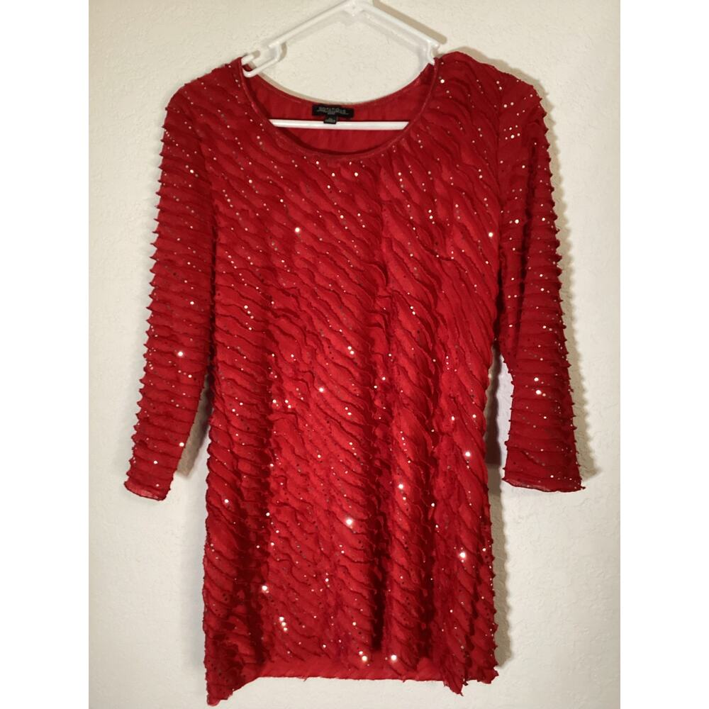 Notations Blouse Women's Size PL Red Pleated Ruffed Fabric with Sequins